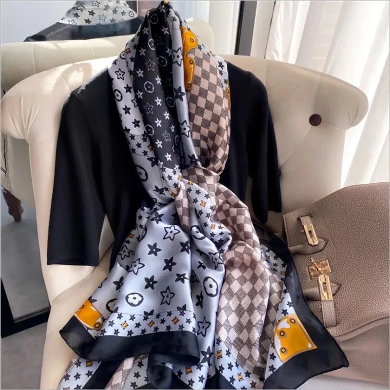 Black Checks L Brand Printed Silk Scarf