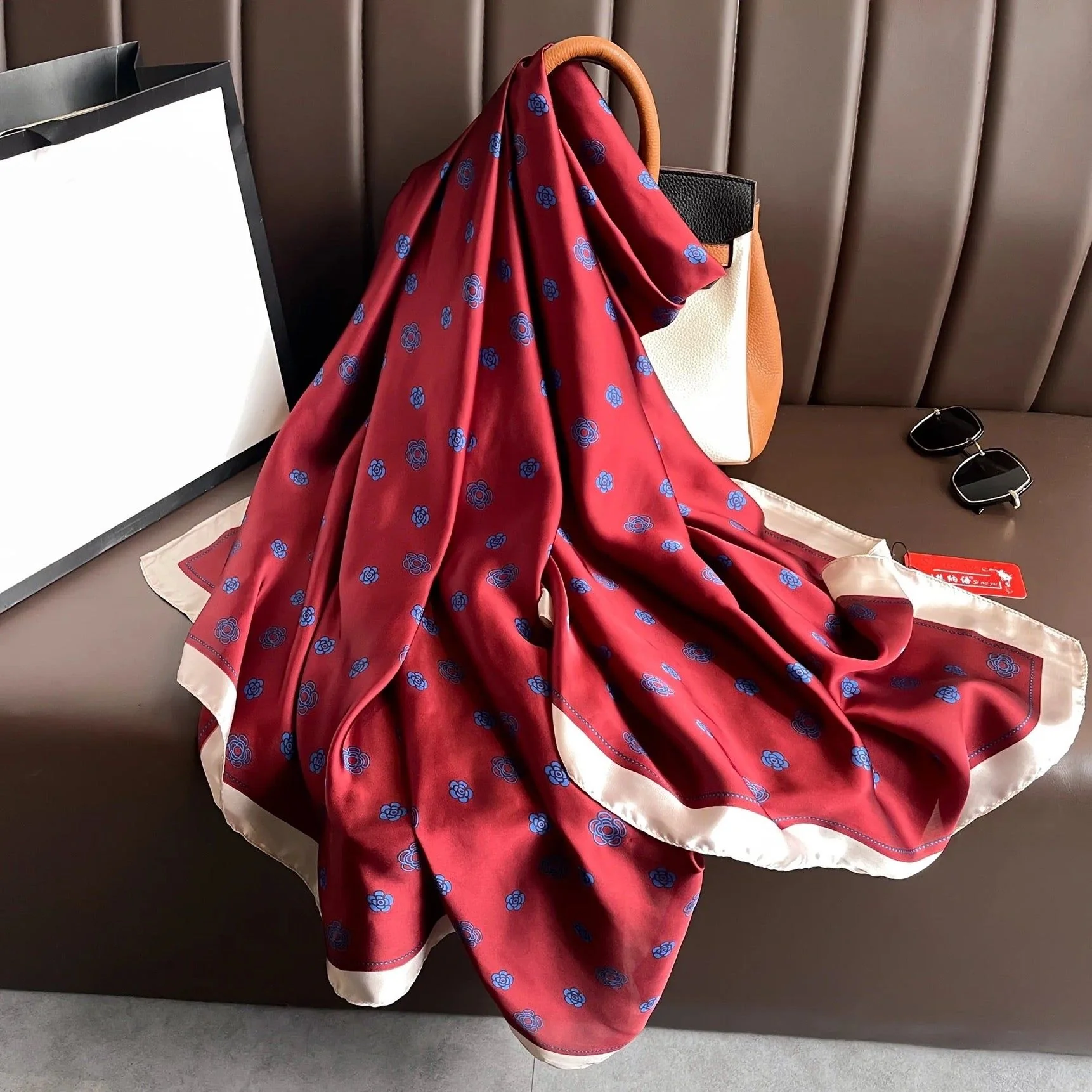 Luxurious Maroon Printed Silk Scarf - Image 2