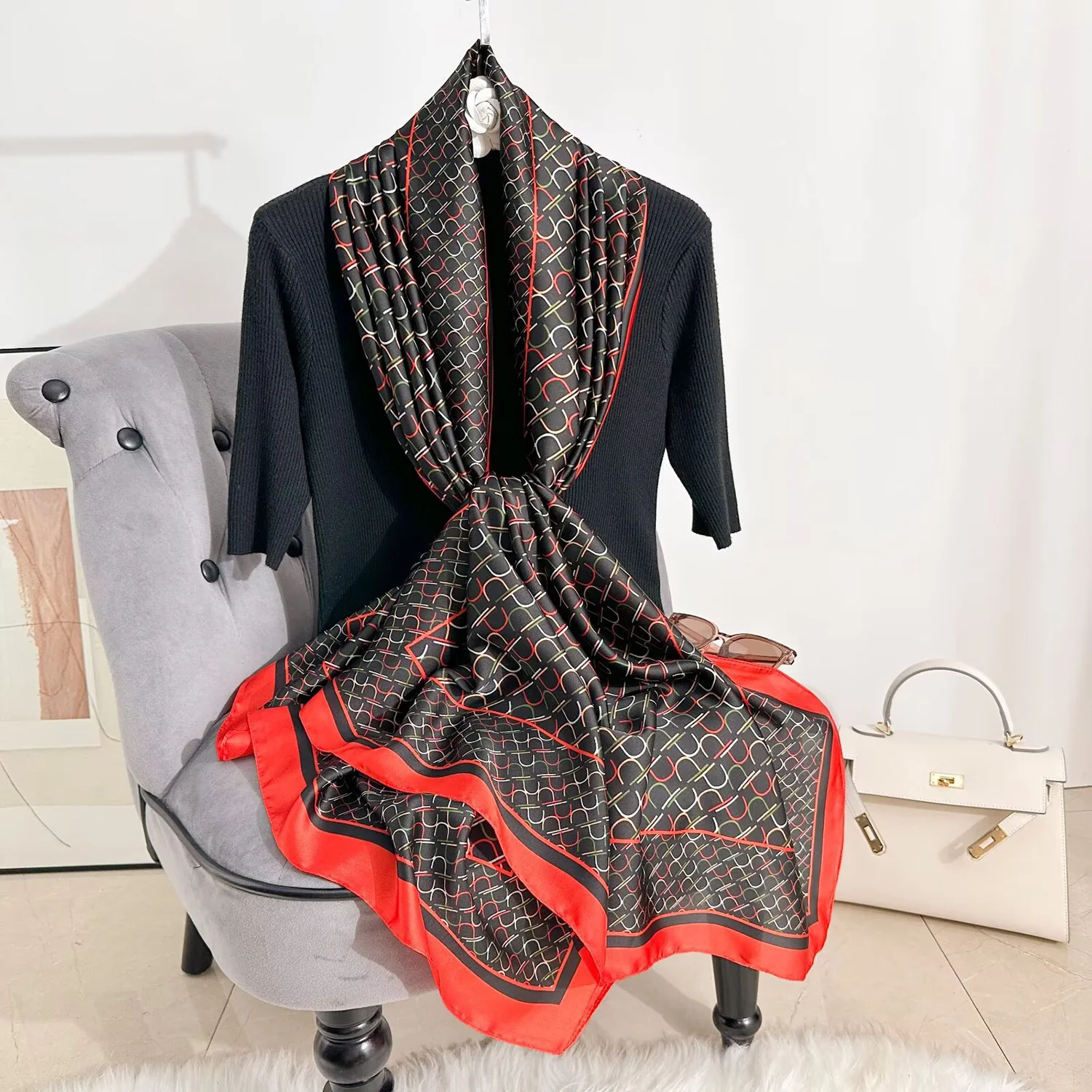 Tara Black Printed Silk Scarf Summer Edition 26' - Image 3