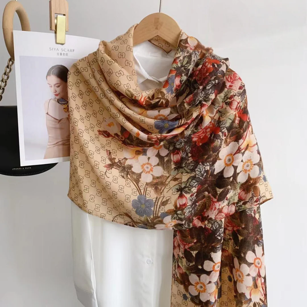 Sand Ink Floral Printed Viscose Scarf
