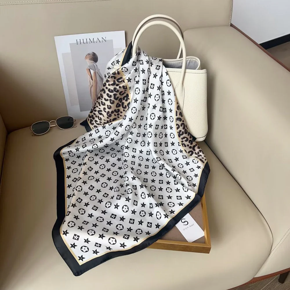 White Star Animal Print Silk Square Scarves 70 CM